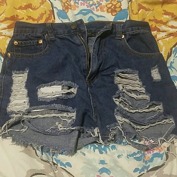 High Waisted Dark Jean Ripped Shorts - Picture 1 of 4